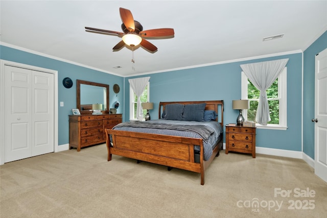 8300 Quarters Ln, Mint Hill, NC 28227 - bedroom featuring light colored carpet, ornamental molding, multiple windows, and ceiling fan