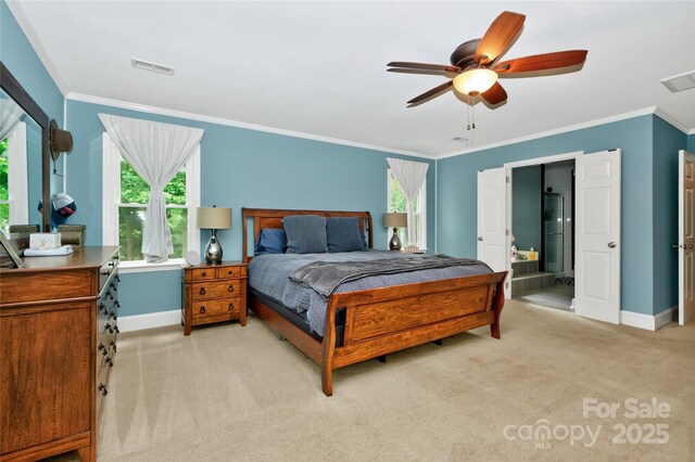 8300 Quarters Ln, Mint Hill, NC 28227 - bedroom with light colored carpet, ornamental molding, multiple windows, and a ceiling fan