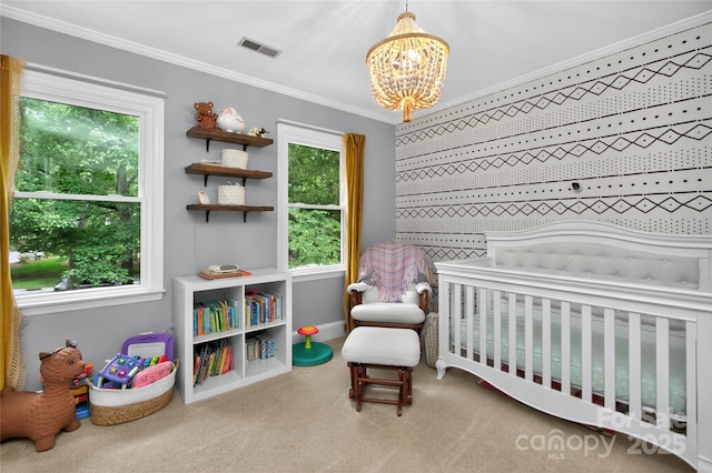 8300 Quarters Ln, Mint Hill, NC 28227 - carpeted bedroom with a chandelier, ornamental molding, and a nursery area