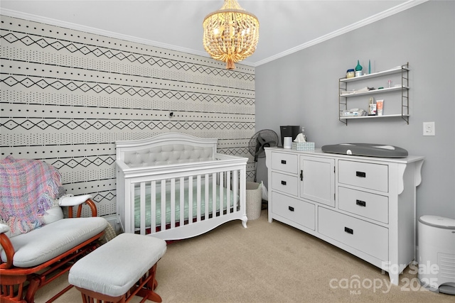 8300 Quarters Ln, Mint Hill, NC 28227 - bedroom with crown molding, a chandelier, light carpet, and a nursery area