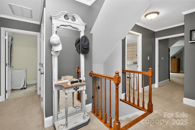 8300 Quarters Ln, Mint Hill, NC 28227 - corridor featuring carpet flooring, an upstairs landing, and crown molding