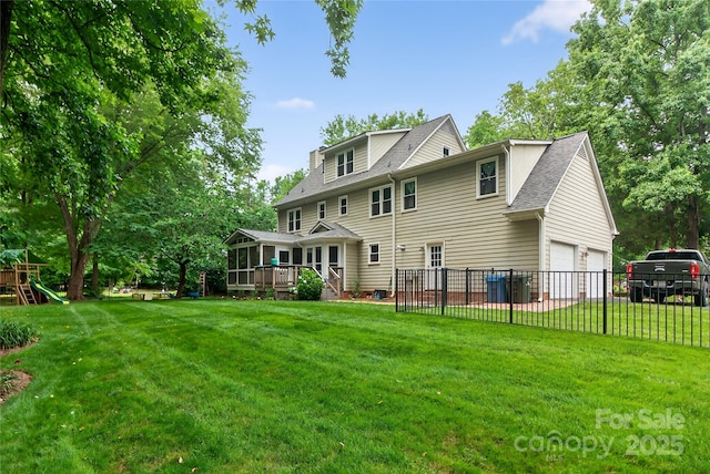 8300 Quarters Ln, Mint Hill, NC 28227 - rear view of house featuring a garage, roof with shingles, a playground, and a deck