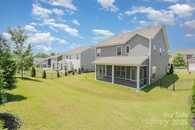 8420 Golden Stone Ln Unit 138, Fort Mill, SC 29707 - back of property featuring a sunroom, a fenced backyard, a residential view, and a shingled roof