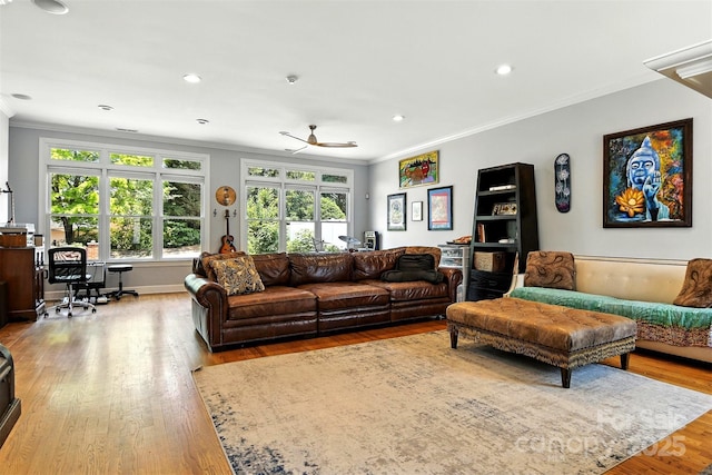 1009 13th Avenue Pl NW Unit 19, Hickory, NC 28601 - living room featuring crown molding, wood finished floors, a ceiling fan, and recessed lighting