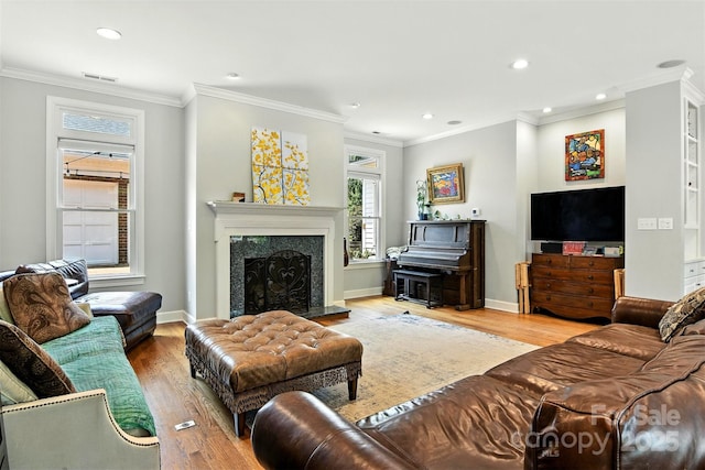 1009 13th Avenue Pl NW Unit 19, Hickory, NC 28601 - living room with wood finished floors, a premium fireplace, recessed lighting, and ornamental molding