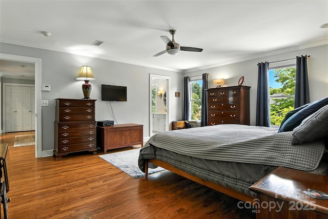 1009 13th Avenue Pl NW Unit 19, Hickory, NC 28601 - bedroom with multiple windows, ornamental molding, wood finished floors, ensuite bathroom, and a ceiling fan