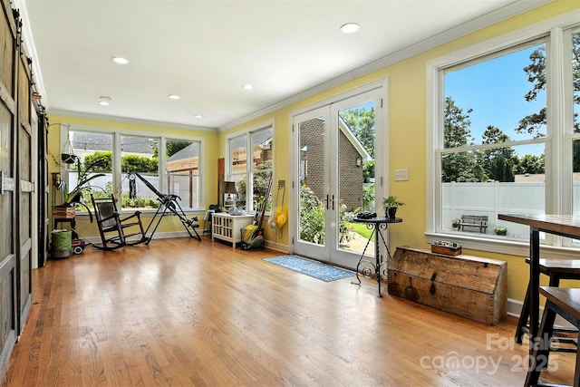 1009 13th Avenue Pl NW Unit 19, Hickory, NC 28601 - workout area featuring ornamental molding, french doors, wood finished floors, healthy amount of natural light, and recessed lighting