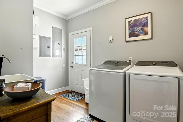 1009 13th Avenue Pl NW Unit 19, Hickory, NC 28601 - laundry room featuring electric panel, separate washer and dryer, crown molding, and light wood-type flooring