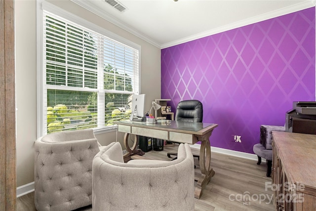 1152 Mckee Farm Ln, Belmont, NC 28012 - office area with ornamental molding, wood finished floors, and an accent wall