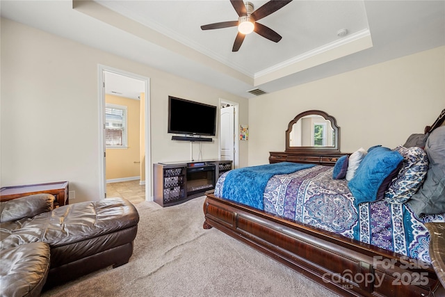 1152 Mckee Farm Ln, Belmont, NC 28012 - carpeted bedroom with a raised ceiling, crown molding, and a ceiling fan