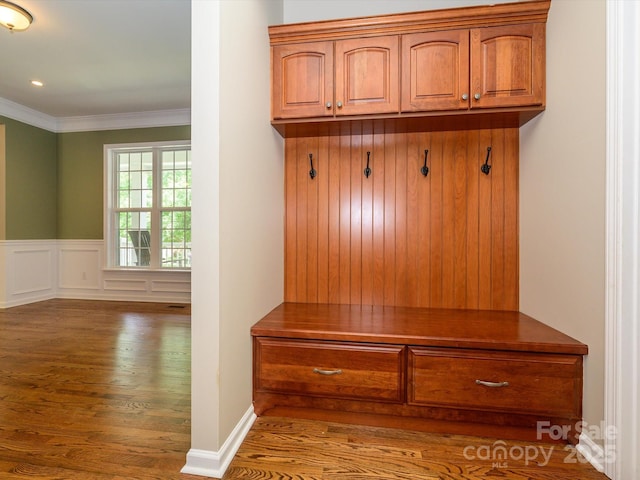 9212 John Hawks Rd, Cornelius, NC 28031 - mudroom featuring wood finished floors and ornamental molding