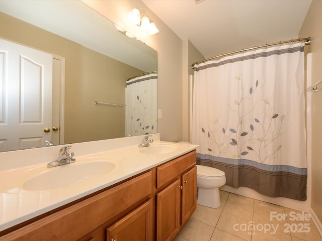 9212 John Hawks Rd, Cornelius, NC 28031 - bathroom featuring tile patterned floors, double vanity, and a shower with curtain