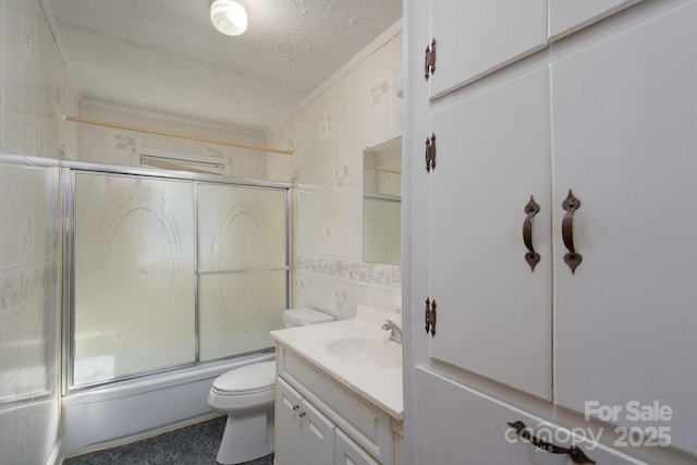 4022 Price Short Cut Rd, Monroe, NC 28110 - bathroom with a textured ceiling, vanity, and combined bath / shower with glass door
