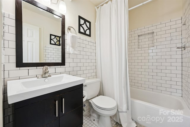 1040 Goshen Pl, Charlotte, NC 28211 - bathroom with tile walls, vanity, shower / bath combination with curtain, and tile patterned flooring