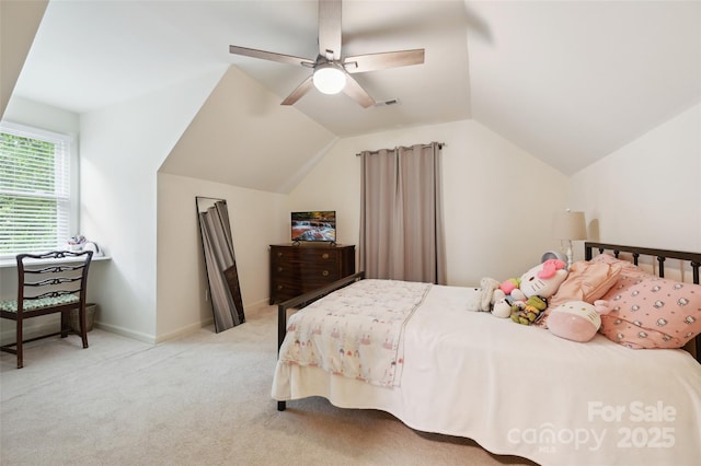 1040 Goshen Pl, Charlotte, NC 28211 - bedroom featuring light carpet, lofted ceiling, and a ceiling fan