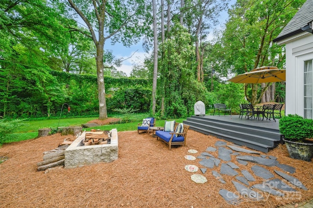 1040 Goshen Pl, Charlotte, NC 28211 - view of yard featuring a fire pit, a wooden deck, and outdoor dining area