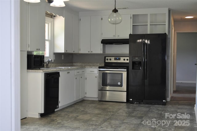 125 Heritage View Rd, Hickory, NC 28601 - kitchen featuring black appliances, white cabinetry, open shelves, under cabinet range hood, and light countertops