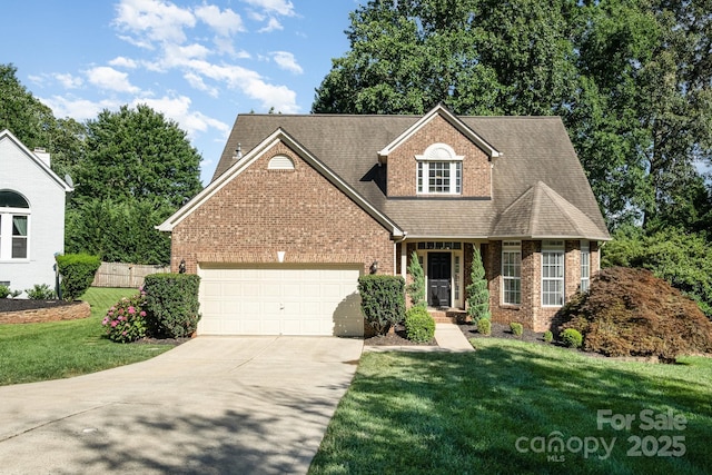 19509 Trintella Ln, Cornelius, NC 28031 - traditional-style home with brick siding, concrete driveway, a garage, and a front yard