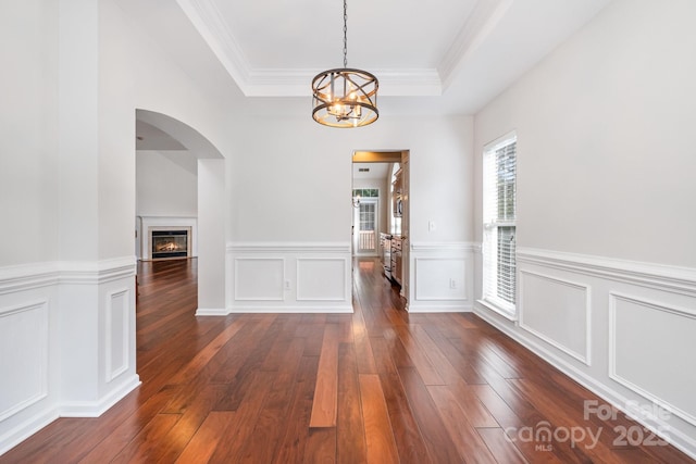 19509 Trintella Ln, Cornelius, NC 28031 - unfurnished dining area featuring a raised ceiling, a chandelier, dark wood-type flooring, arched walkways, and a lit fireplace