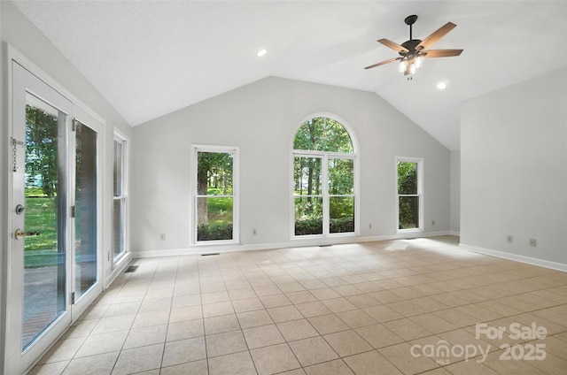 4323 Crow Rd, Monroe, NC 28112 - empty room featuring light tile patterned flooring, lofted ceiling, recessed lighting, and a ceiling fan