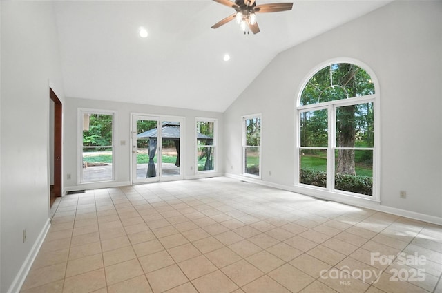 4323 Crow Rd, Monroe, NC 28112 - empty room with high vaulted ceiling, light tile patterned floors, a ceiling fan, and recessed lighting