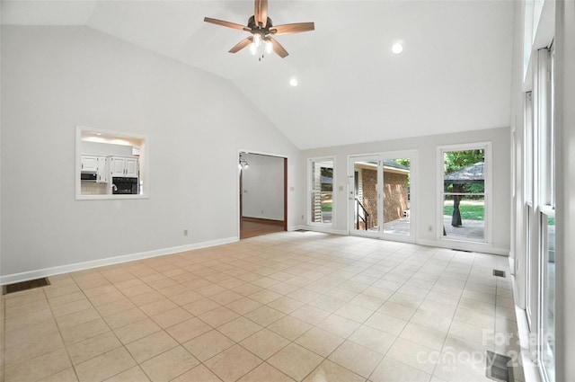 4323 Crow Rd, Monroe, NC 28112 - unfurnished living room with a ceiling fan, high vaulted ceiling, light tile patterned floors, and recessed lighting