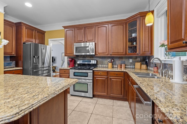 13934 Kings Carriage Ln, Charlotte, NC 28278 - kitchen with appliances with stainless steel finishes, light tile patterned floors, crown molding, tasteful backsplash, and light stone countertops
