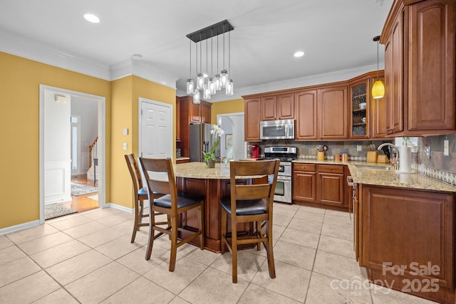 13934 Kings Carriage Ln, Charlotte, NC 28278 - kitchen with stainless steel appliances, light tile patterned floors, a kitchen breakfast bar, backsplash, and crown molding