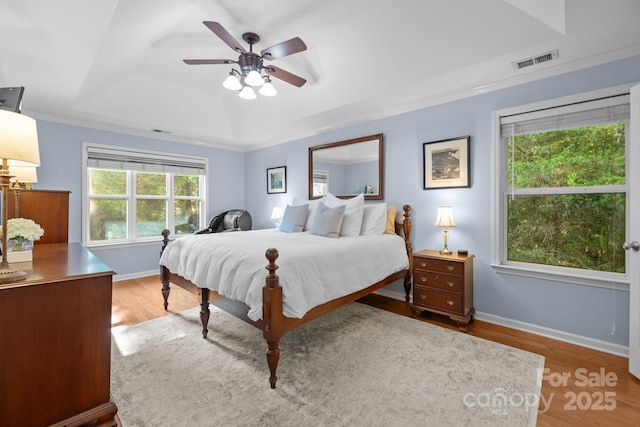 13934 Kings Carriage Ln, Charlotte, NC 28278 - bedroom with a raised ceiling, wood finished floors, ornamental molding, and a ceiling fan
