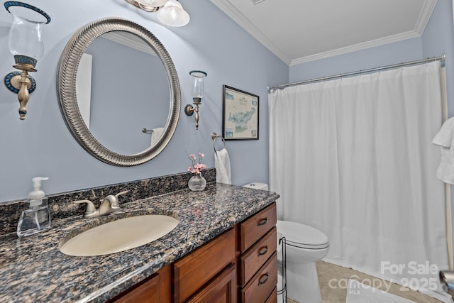 13934 Kings Carriage Ln, Charlotte, NC 28278 - full bathroom featuring vanity, tile patterned flooring, ornamental molding, and curtained shower