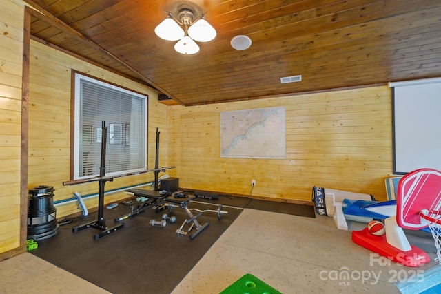 13934 Kings Carriage Ln, Charlotte, NC 28278 - exercise area featuring wooden walls and wood ceiling
