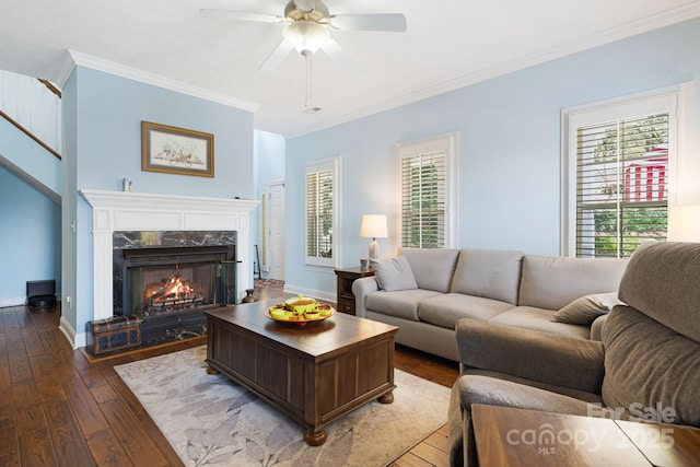 609 Carriage Commons Dr, Hendersonville, NC 28791 - living room featuring dark wood-type flooring, a ceiling fan, a high end fireplace, and crown molding