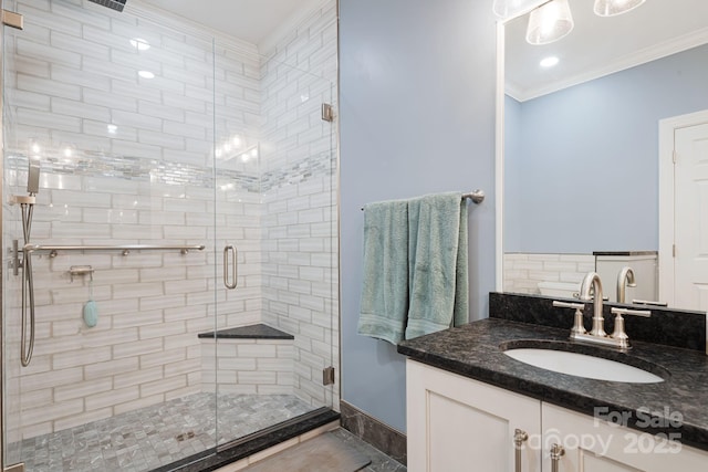 609 Carriage Commons Dr, Hendersonville, NC 28791 - bathroom with crown molding, vanity, and a stall shower