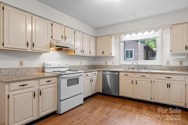 1748 4th Street Ct NE, Hickory, NC 28601 - kitchen with dishwasher, electric range, under cabinet range hood, light wood-style floors, and light stone countertops