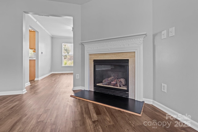 1901 Summit Ridge Ln, Kannapolis, NC 28083 - detailed view of wood finished floors, crown molding, and a glass covered fireplace