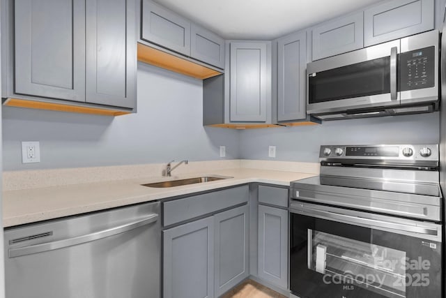 1175 Bamboo Rd, Boone, NC 28607 - kitchen featuring appliances with stainless steel finishes, gray cabinets, and light countertops