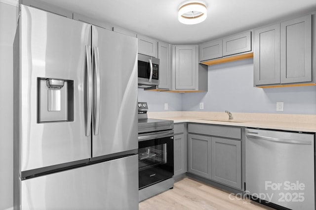 1175 Bamboo Rd, Boone, NC 28607 - kitchen featuring stainless steel appliances, gray cabinetry, light wood-type flooring, and light countertops