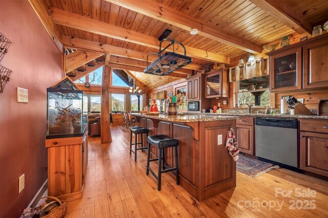 197 First Broad Dr, Bostic, NC 28018 - kitchen featuring stainless steel dishwasher, wood ceiling, light wood-style flooring, a kitchen bar, and brown cabinets
