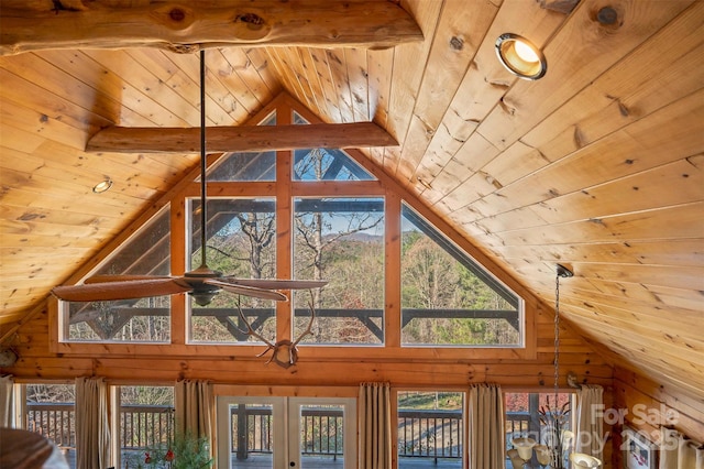 197 First Broad Dr, Bostic, NC 28018 - detailed view of wood ceiling, wood walls, french doors, and a ceiling fan