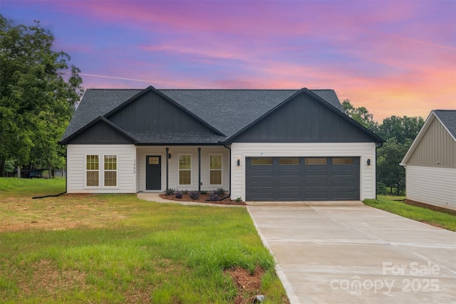 3486 Winters St, Newton, NC 28658 - modern farmhouse style home with a shingled roof, concrete driveway, an attached garage, and a front yard
