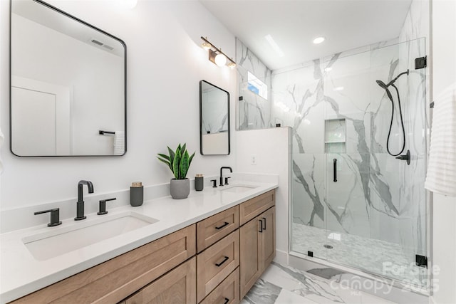 3486 Winters St, Newton, NC 28658 - bathroom with marble look tile flooring, a marble finish shower, recessed lighting, and double vanity
