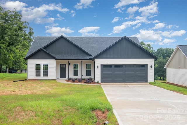 3486 Winters St, Newton, NC 28658 - modern farmhouse with a shingled roof, a garage, concrete driveway, and a front lawn