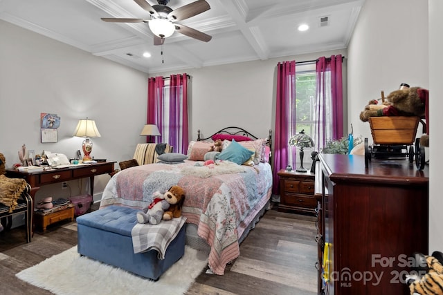 203 Poplins Grove Church Rd, Albemarle, NC 28001 - bedroom featuring coffered ceiling, wood finished floors, beamed ceiling, recessed lighting, and ornamental molding