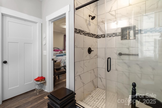 203 Poplins Grove Church Rd, Albemarle, NC 28001 - bathroom featuring a shower stall, connected bathroom, and wood finished floors