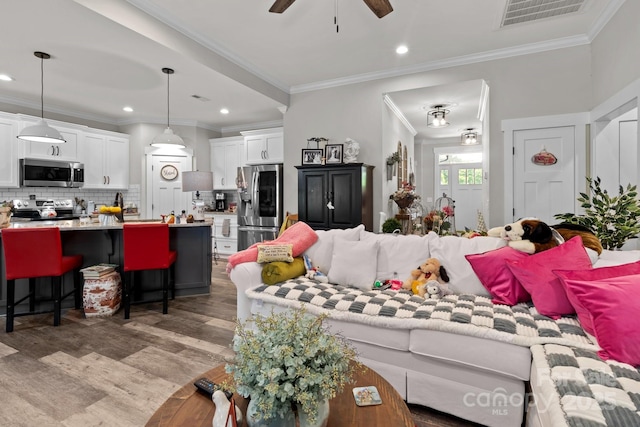 203 Poplins Grove Church Rd, Albemarle, NC 28001 - living area with ceiling fan, light wood-style flooring, ornamental molding, and recessed lighting