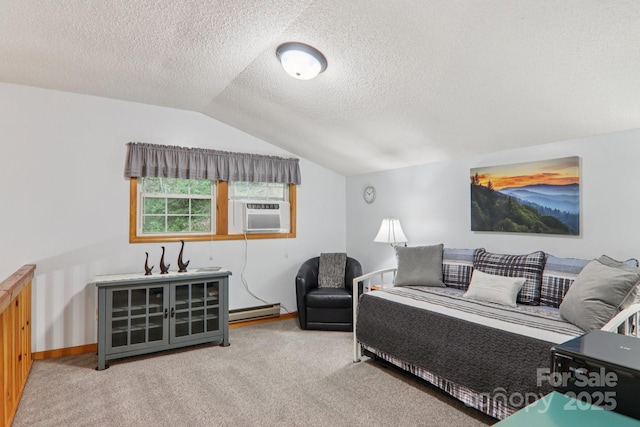 84 Hawk Nest Rd, Maggie Valley, NC 28751 - carpeted living room with cooling unit, a baseboard radiator, vaulted ceiling, and a textured ceiling