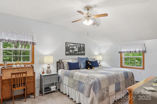 84 Hawk Nest Rd, Maggie Valley, NC 28751 - carpeted bedroom featuring lofted ceiling, a textured ceiling, and a ceiling fan