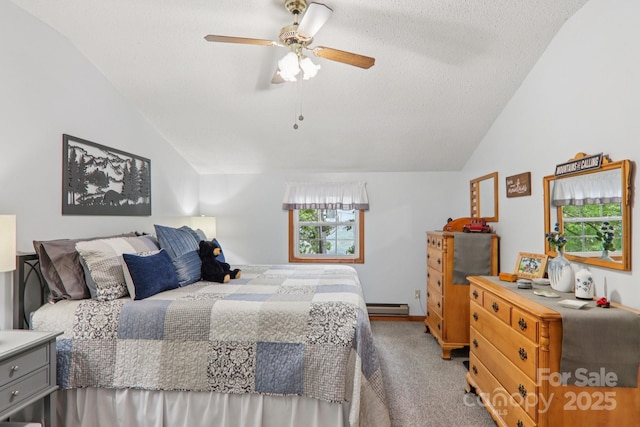 84 Hawk Nest Rd, Maggie Valley, NC 28751 - carpeted bedroom with vaulted ceiling, a baseboard heating unit, ceiling fan, and a textured ceiling