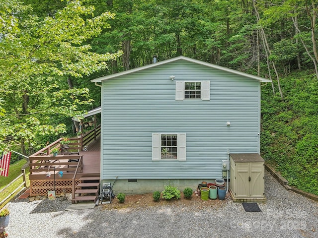 84 Hawk Nest Rd, Maggie Valley, NC 28751 - view of property exterior with a wooden deck, crawl space, and a forest view