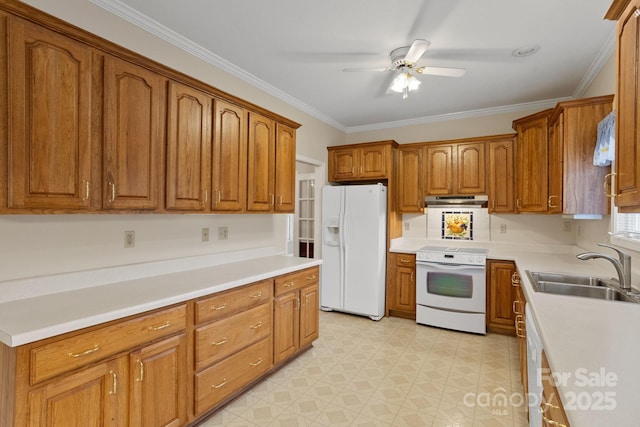 390 Classic Oaks Cir, Hendersonville, NC 28792 - kitchen with white appliances, a ceiling fan, brown cabinetry, under cabinet range hood, and ornamental molding